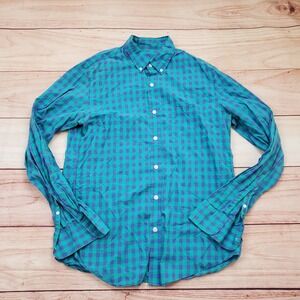 J. Crew Shirt Mens Medium Blue Green Slim Fit Button Up Lightweight Checkered